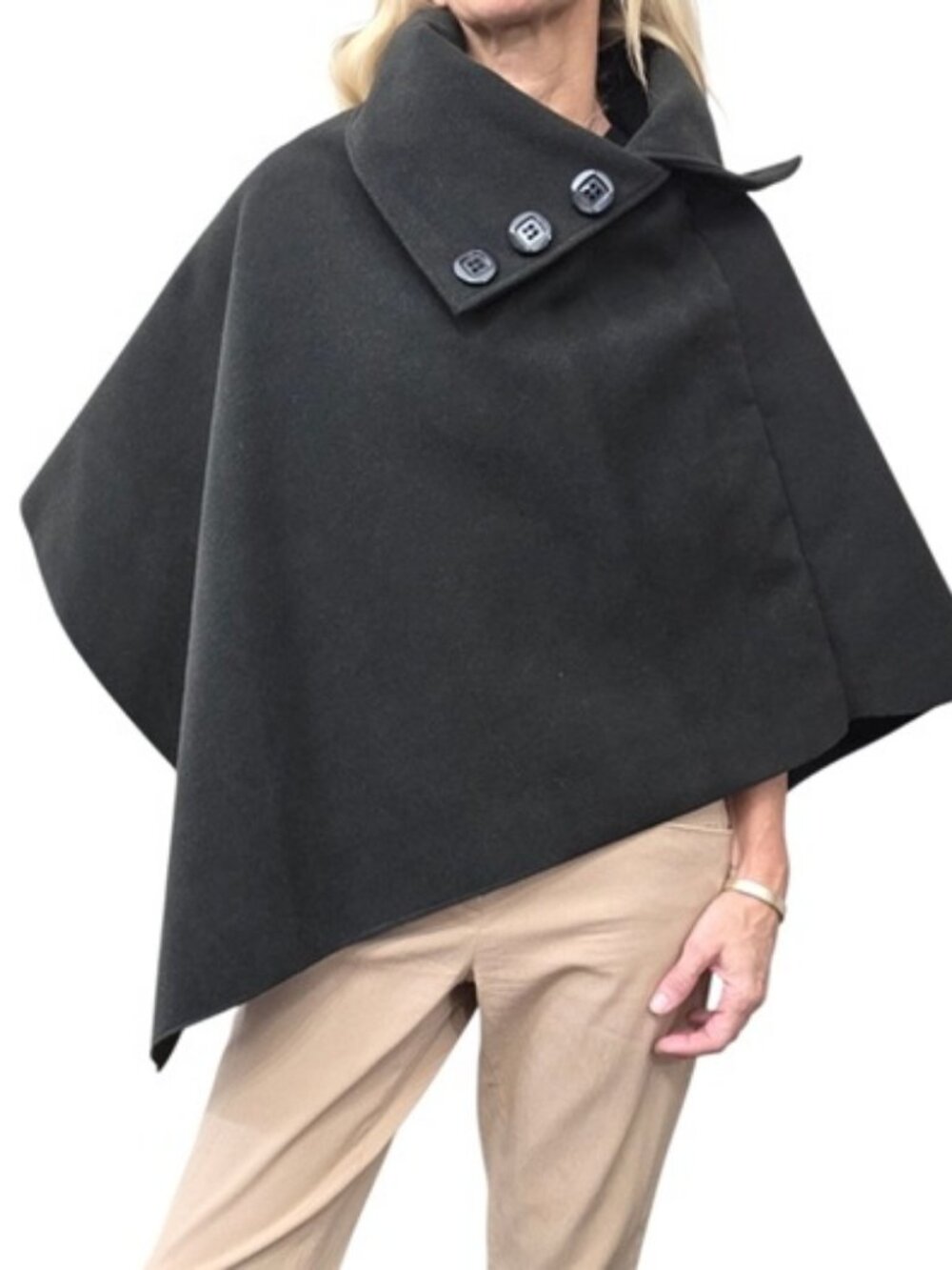 Italian Made Black Wool Blend Cape Poncho Coat Quiet Luxury